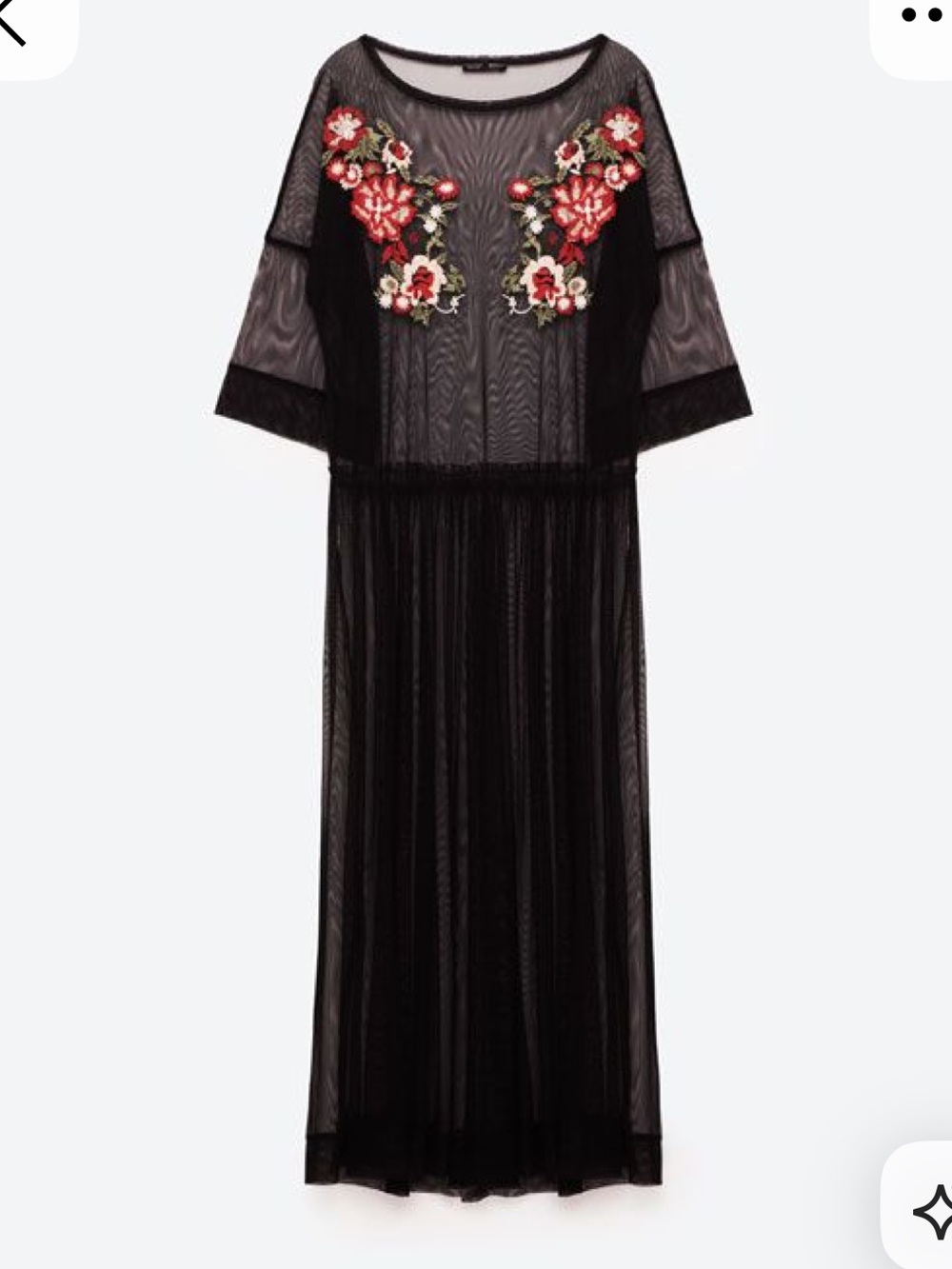 EUC Zara Black Sheer Midi Dress with Red and Cream Floral Embroidery